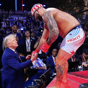 Josh Hokit speaks with U.S. President Donald J. Trump following his win in a heavyweight fight during the UFC Freedom 250 event on the South Lawn at the White House.