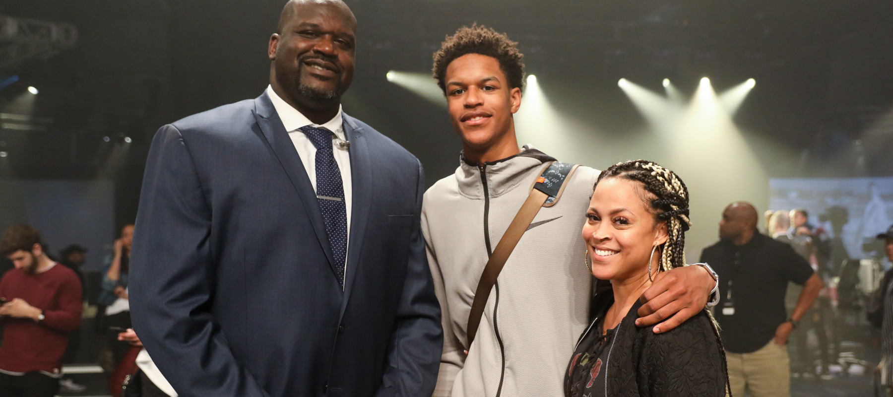 Shaquille O'Neal with his son Shareef and Shareef's mother, Shaq's ex-wife Shaunie O'Neal, at an event in 2018.