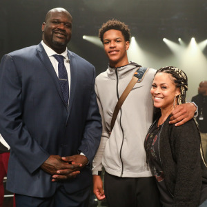Shaquille O'Neal with his son Shareef and Shareef's mother, Shaq's ex-wife Shaunie O'Neal, at an event in 2018.