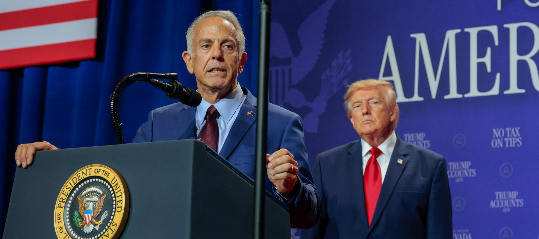 Nevada Gov. Joe Lombardo delivers remarks as U.S. President Donald Trump listens during an event at Red Rock Casino Resort and Spa on August 05, 2026 in Las Vegas, Nevada.