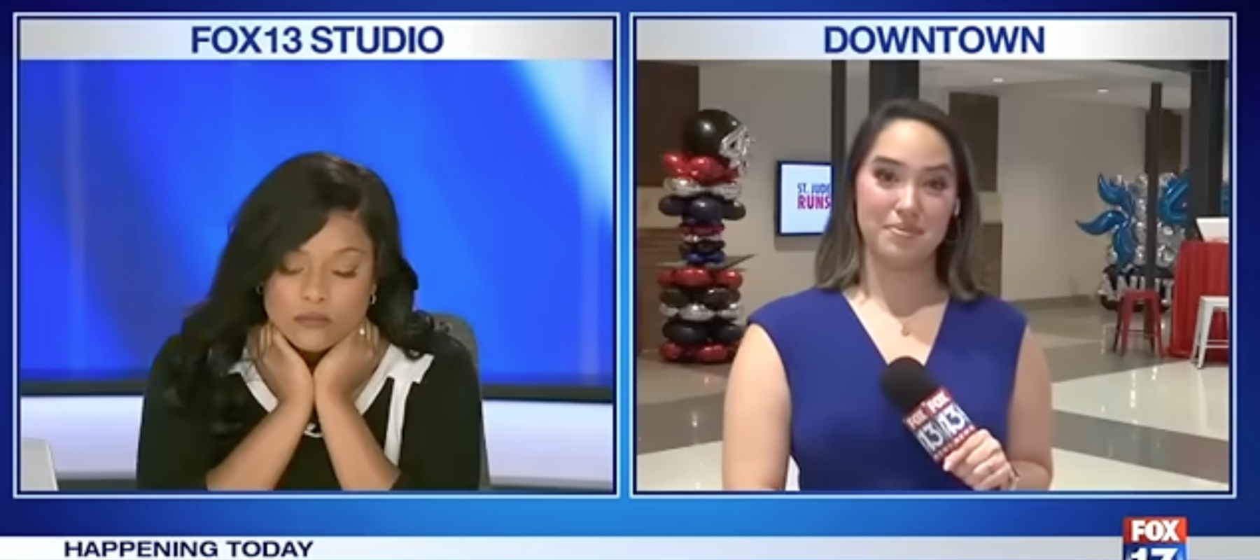 Fox 13 TV anchor Dominique Dillon falls asleep on air after night with teething baby.