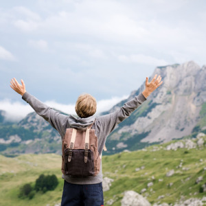 A photo of a man hiking