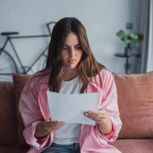 Worried young Caucasian woman reads over a letter with bad news.
