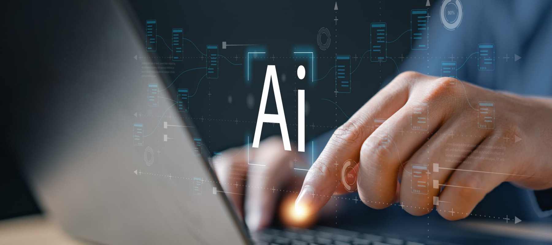 A photo of a man typing with AI