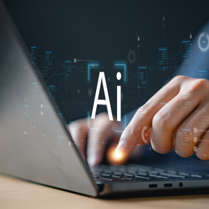 A photo of a man typing with AI