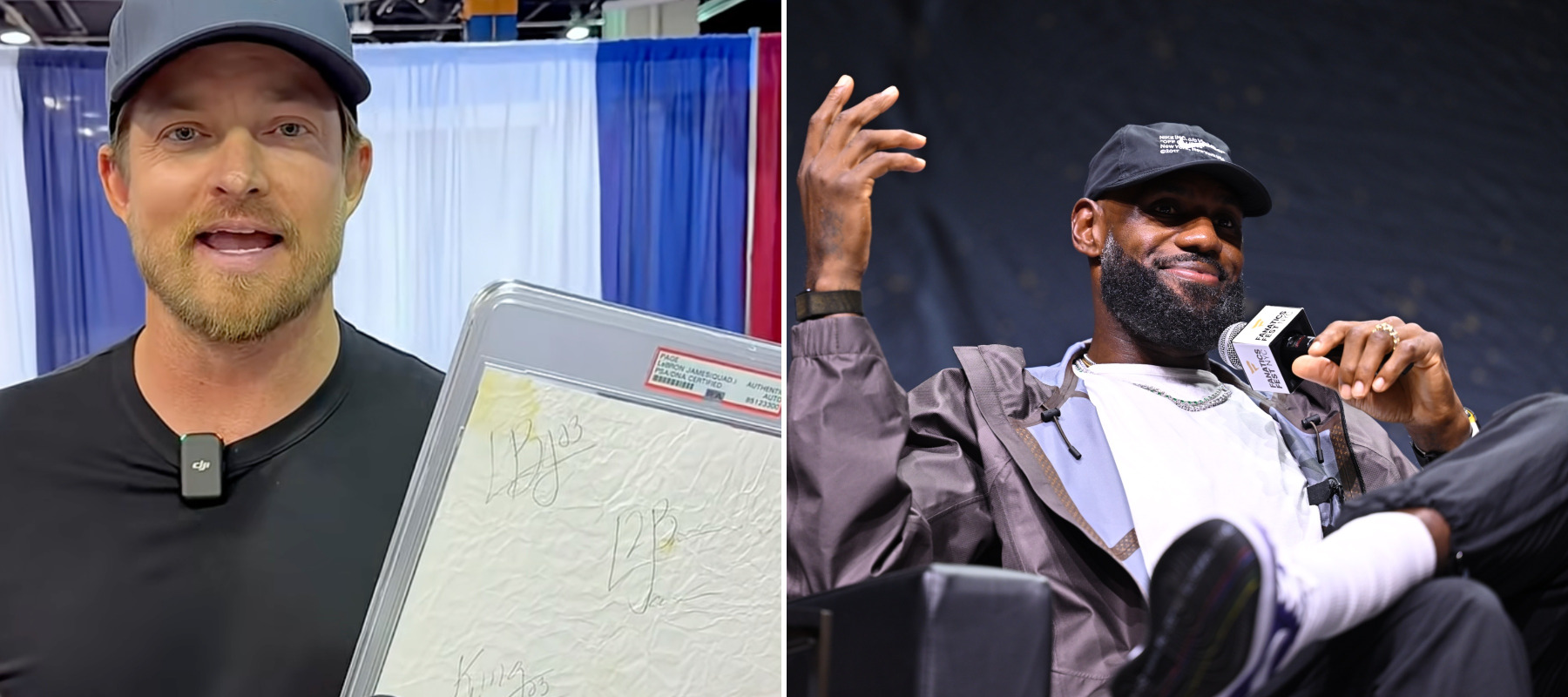 A split-panel image of a TikToker holding up a sheet of paper signed by Lebron James and Lebron James