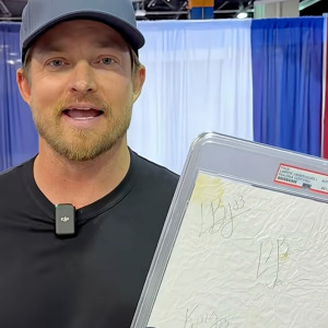 A split-panel image of a TikToker holding up a sheet of paper signed by Lebron James and Lebron James