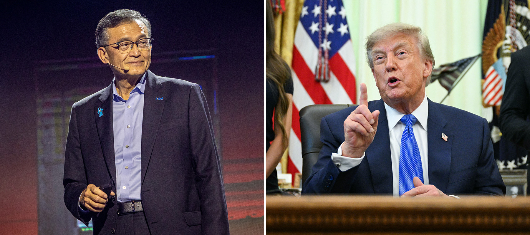 A two-column collage of Intel CEO Lip-Bu Tan and U.S. President Donald Trump.