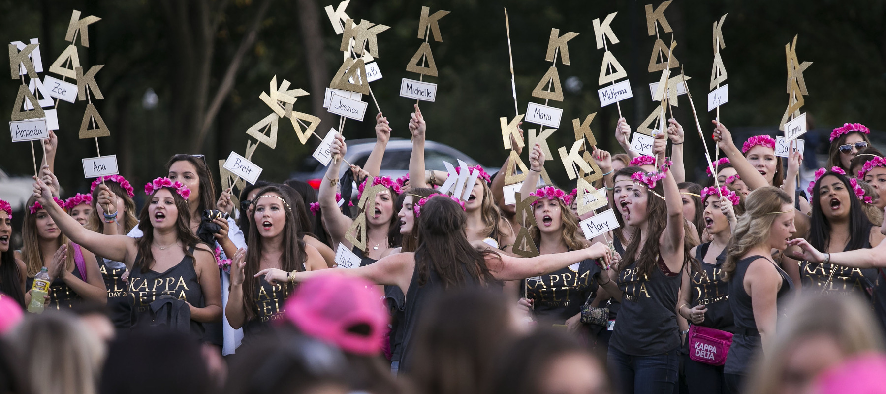 Members of Kappa Delta sorority chant as they welcome their new members.