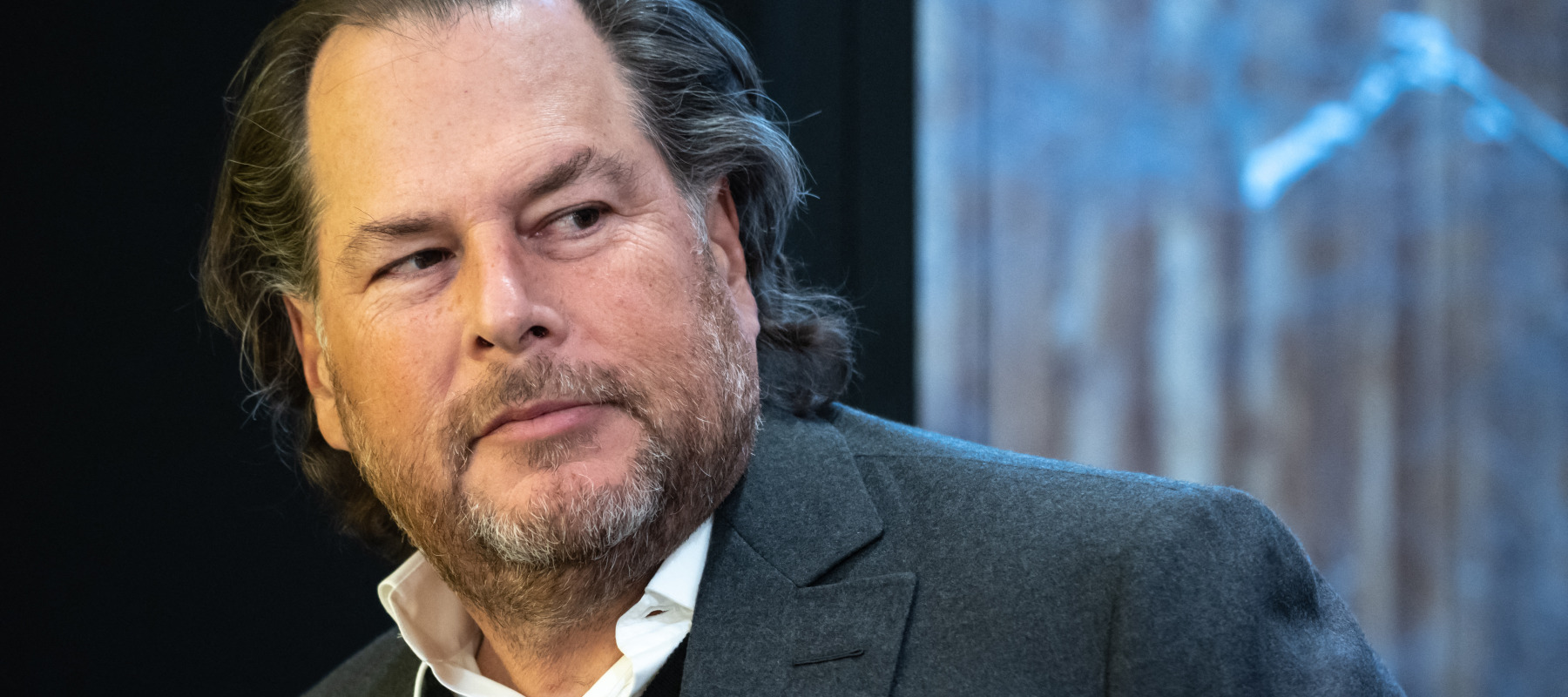 Co-founder, chairman and CEO of software company Salesforce Marc Benioff attends a session at the Congress centre during the World Economic Forum.
