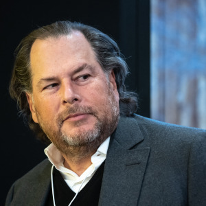 Co-founder, chairman and CEO of software company Salesforce Marc Benioff attends a session at the Congress centre during the World Economic Forum.