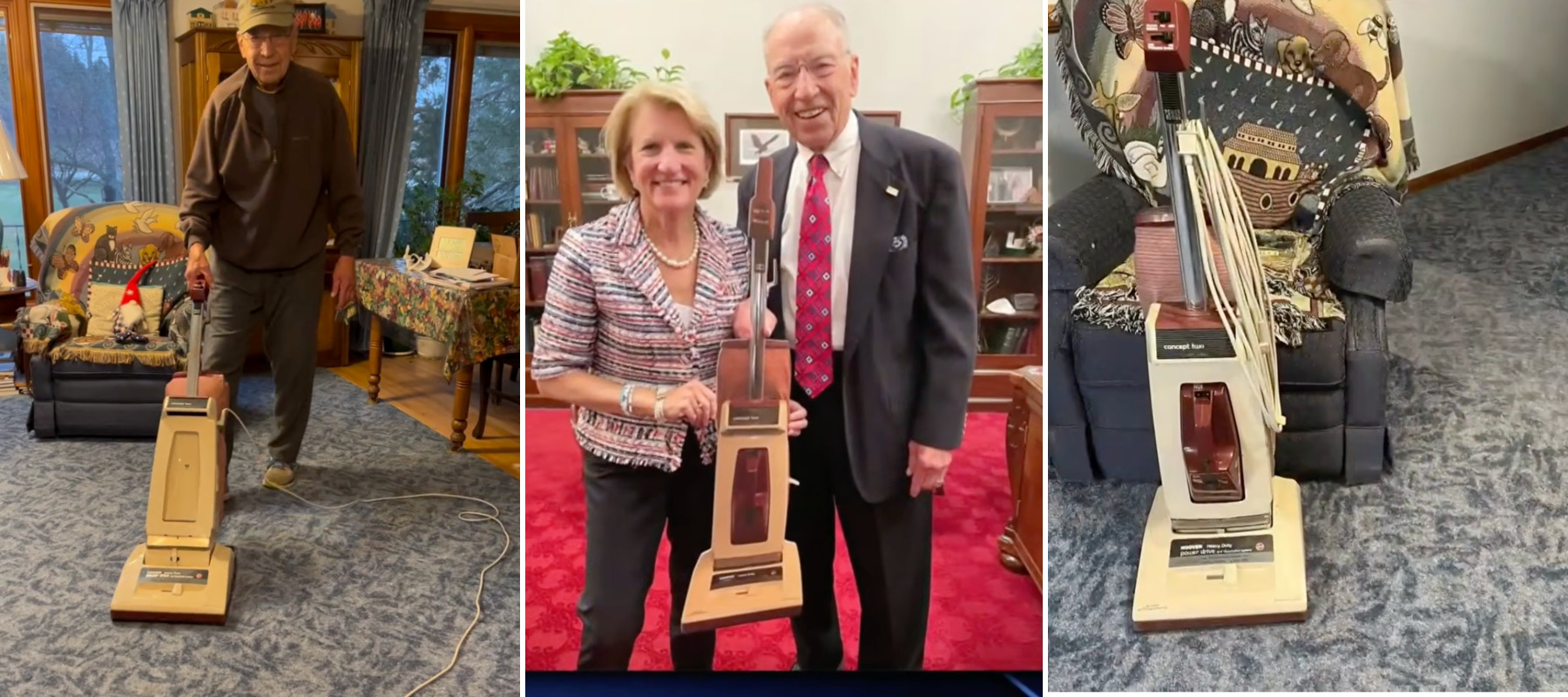 Photos of Senator Chuck Grassley and his vacuum cleaner, "Beth"