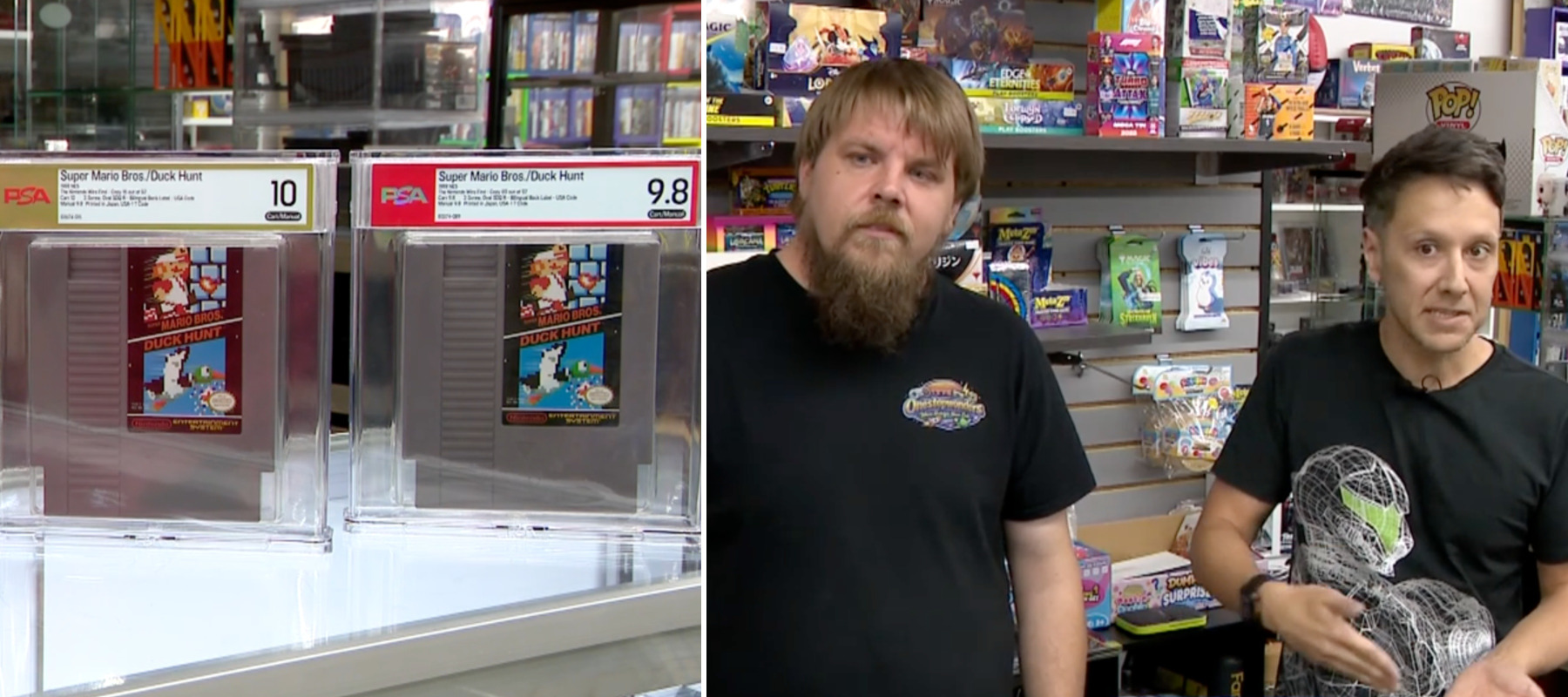 Kevin Braun and Jason Ganos show off their collection of rare Nintendo games to ABC News.