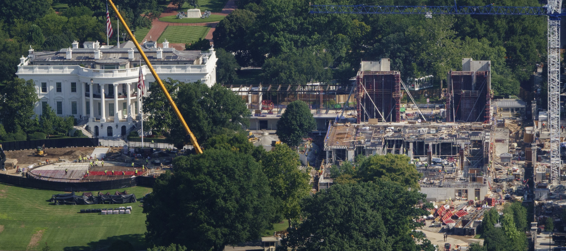 Construction continues on a new helipad on the South Lawn of the White House and the East Wing ballroom on August 6, 2026 in Washington, DC.