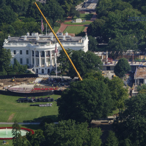 Construction continues on a new helipad on the South Lawn of the White House and the East Wing ballroom on August 6, 2026 in Washington, DC.