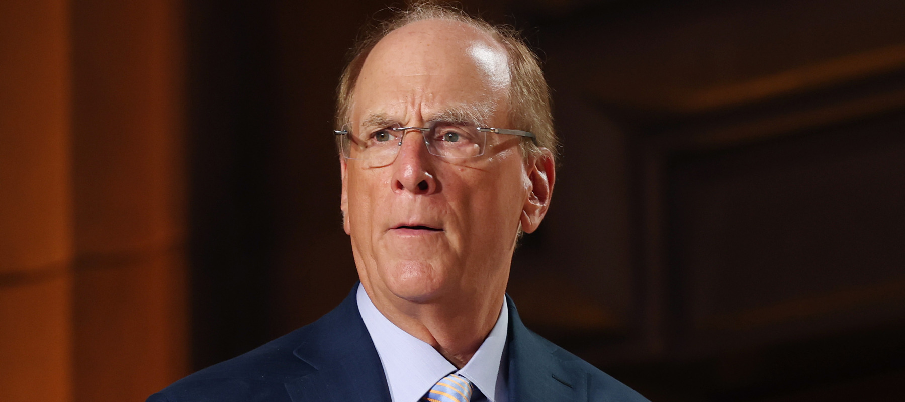 Larry Fink stands on stage, looking at the viewer with a skeptical expression.