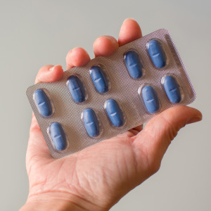 Hand holding a back of blue pills