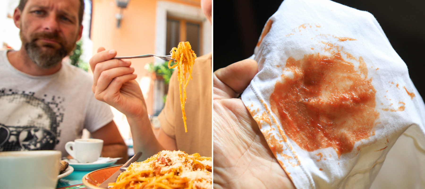 A split-panel photo of a couple eating spaghetti and a red sauce stain