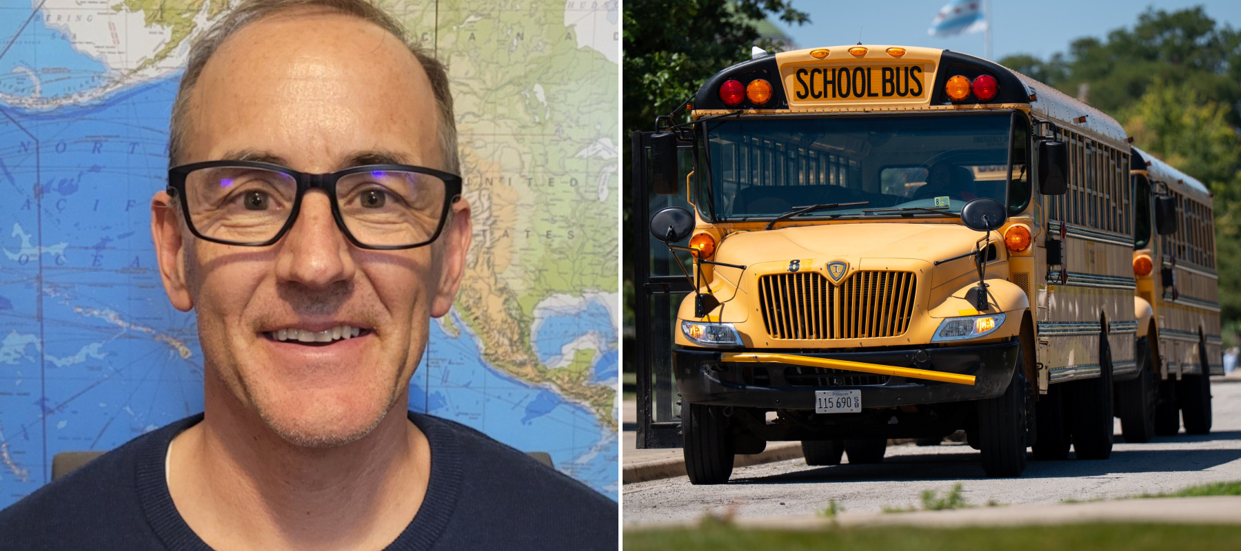 two-panel photo of former Adobe engineer James Strawn and a school bus. He recently took a job driving one in Colorado.