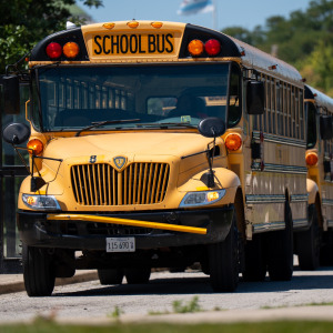 two-panel photo of former Adobe engineer James Strawn and a school bus. He recently took a job driving one in Colorado.