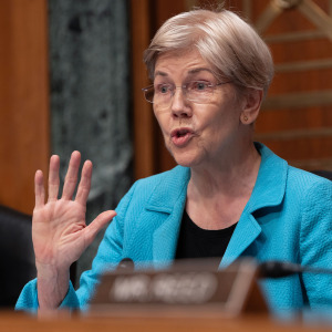 Ranking member Sen. Elizabeth Warren (D-MA) questions Federal Reserve Chairman Kevin Warsh as he testifies before the Senate Banking Committee on Capitol Hill on July 15.