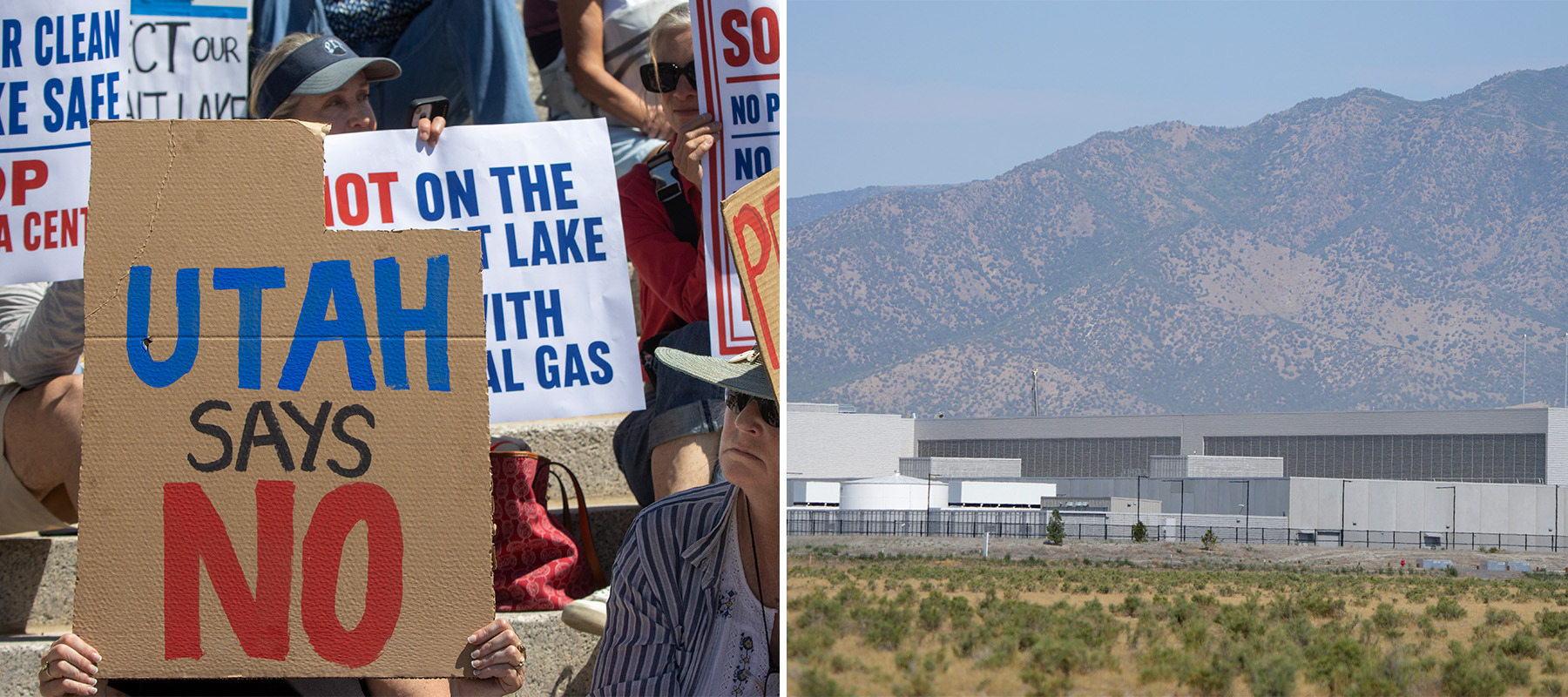 A two column collage featuring Utah residents protesting outside the Capitol building and the Eagle Mountain data center.