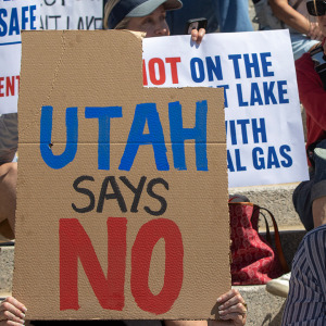 A two column collage featuring Utah residents protesting outside the Capitol building and the Eagle Mountain data center.