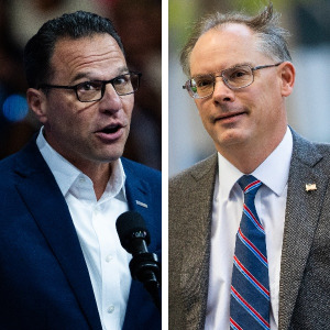 Pennsylvania Governor Josh Shapiro (left) is at odds with billionaire Tim Sweeney.