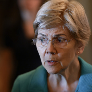Elizabeth Warren speaking to reporters