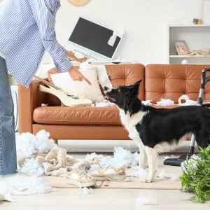 Woman scolding her dog after it made a mess.
