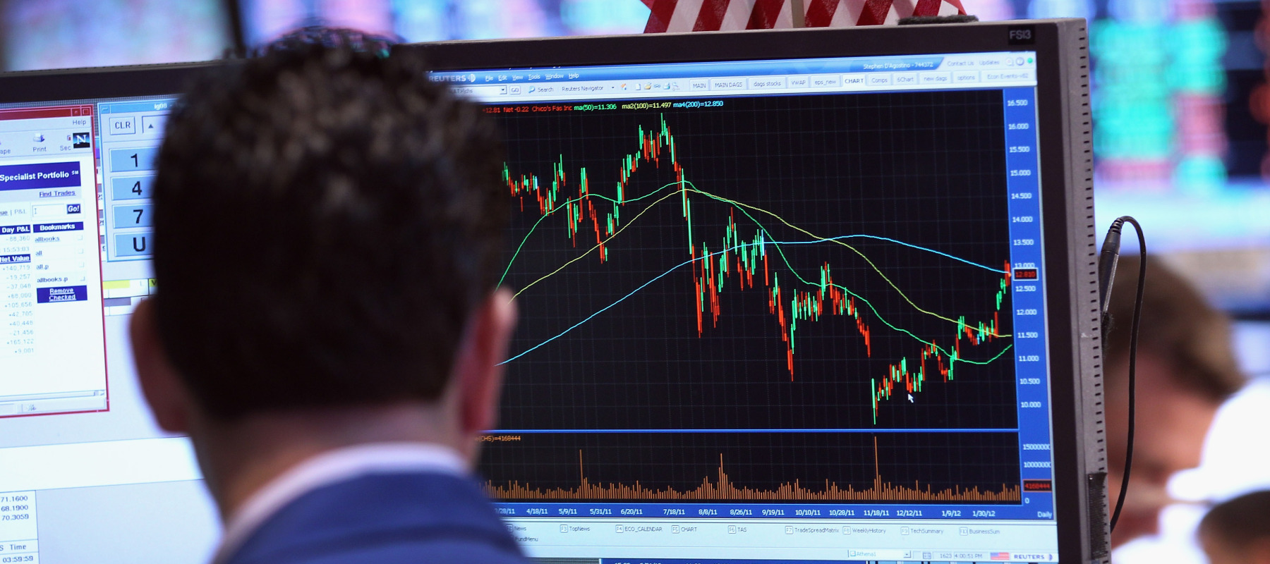 A trader looks at a stock run-up during a bull market.