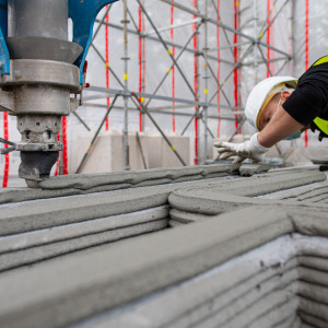 A construction worker observes as a 3D printer creates a wall using concrete.