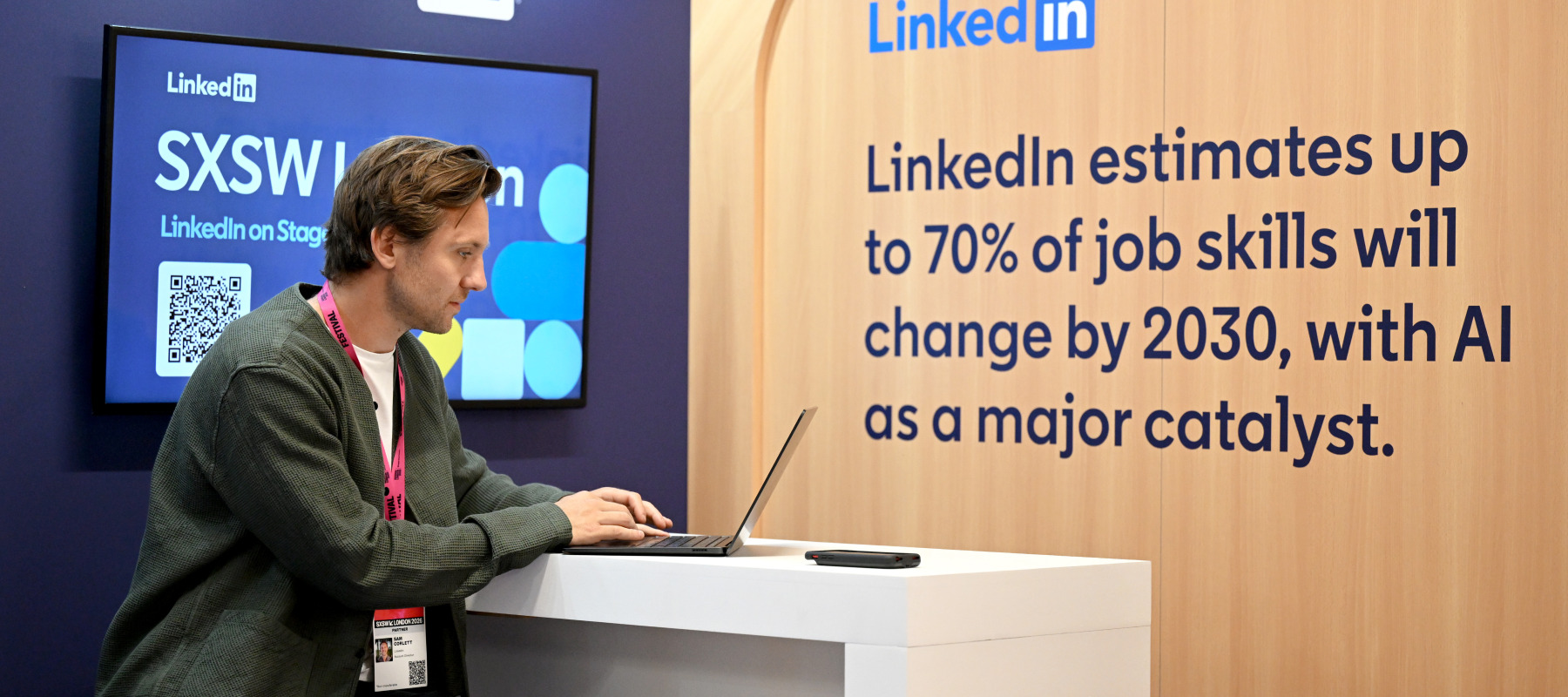 A general view of the LinkedIn stand during day one of SXSW London 2026 at The Truman Brewery.