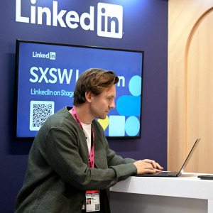 A general view of the LinkedIn stand during day one of SXSW London 2026 at The Truman Brewery.