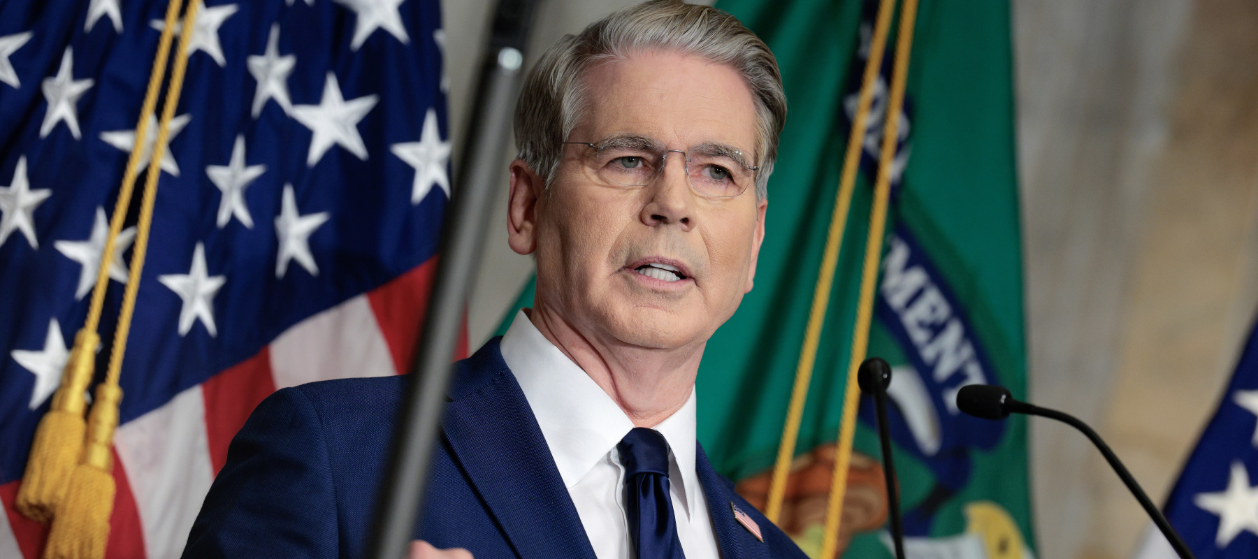 U.S. Treasury Secretary Scott Bessent announces a new set of sanctions against Iran, describing them as "an economic D-Day", in the Cash Room at the Treasury Department.
