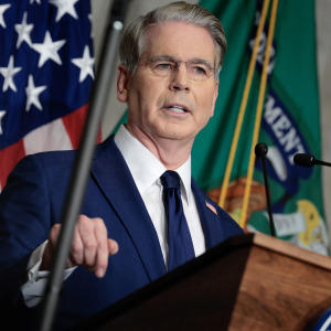 U.S. Treasury Secretary Scott Bessent announces a new set of sanctions against Iran, describing them as "an economic D-Day", in the Cash Room at the Treasury Department.