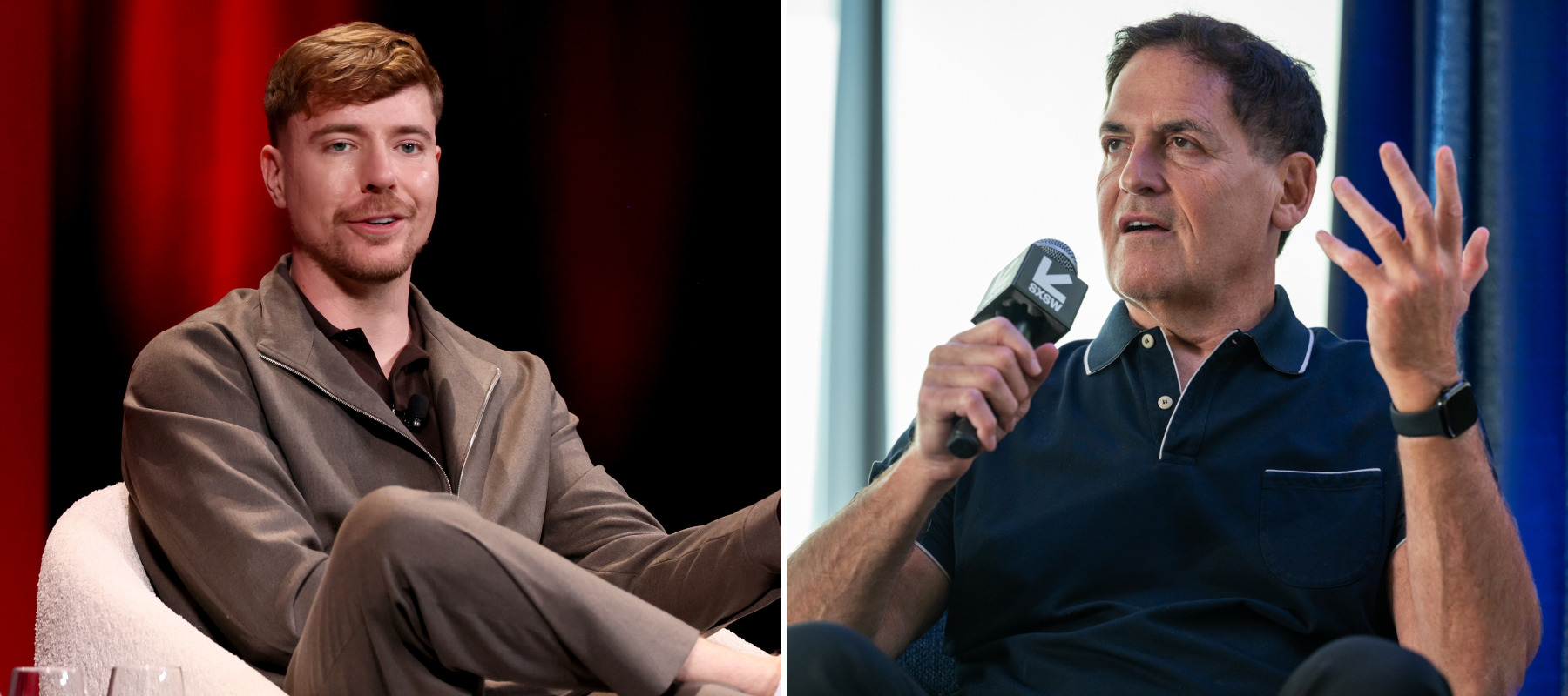 L: MrBeast speaking in interview, R: Mark Cuban speaking in interview
