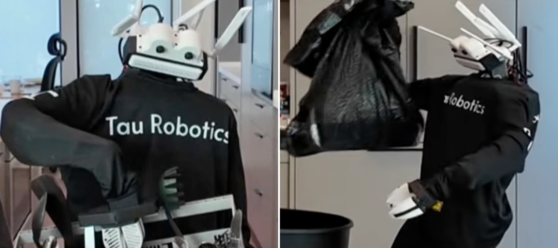 A humanoid robot from Tau Robotics demonstrates the cleaning tasks it can perform.