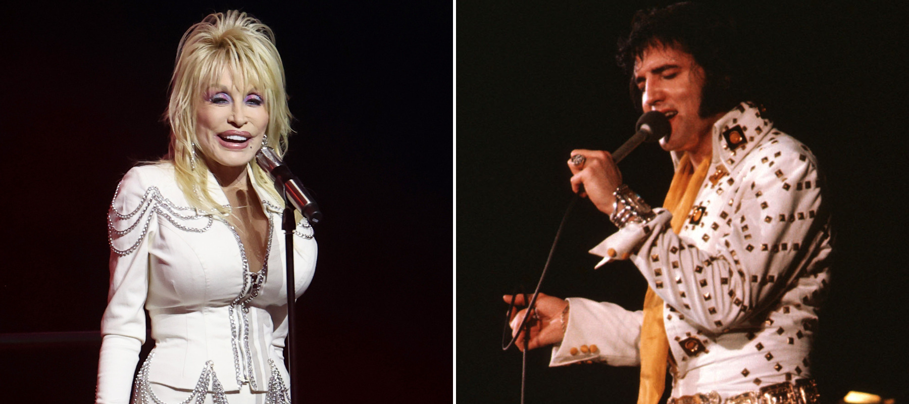 Dolly Parton on the left, and Elvis Presley on the right.