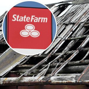 L: State Farm sign, R: Roof damaged by weather