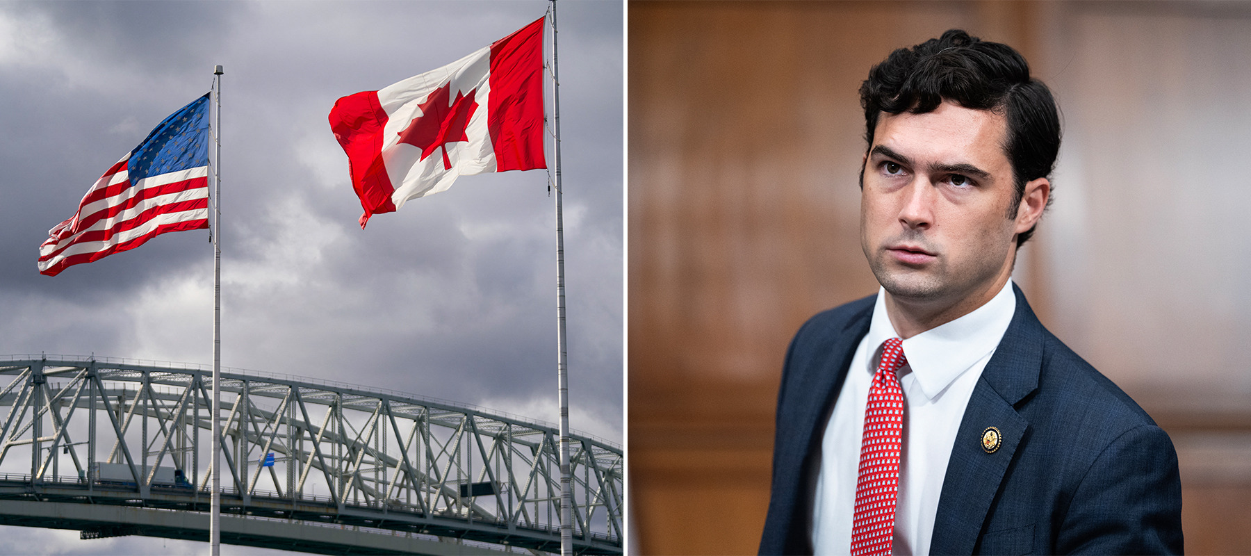 Two column photo collage featuring U.S. and Canada flags fluttering at the Blue Water Bridge border crossing. The second photo is of U.S. rep Brandon Gill.