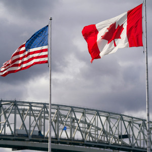 Two column photo collage featuring U.S. and Canada flags fluttering at the Blue Water Bridge border crossing. The second photo is of U.S. rep Brandon Gill.