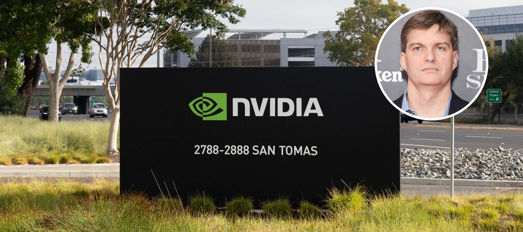 L: Nvidia exterior sign, R: Michael Burry