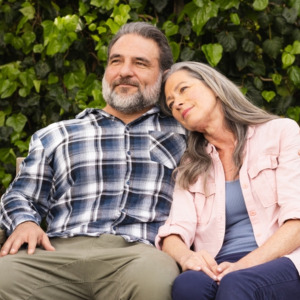 Middle-aged couple on bench outside