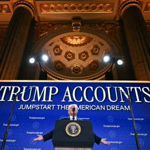 US President Donald Trump delivers remarks on 'Trump Accounts' at the Andrew W. Mellon Auditorium in Washington, DC