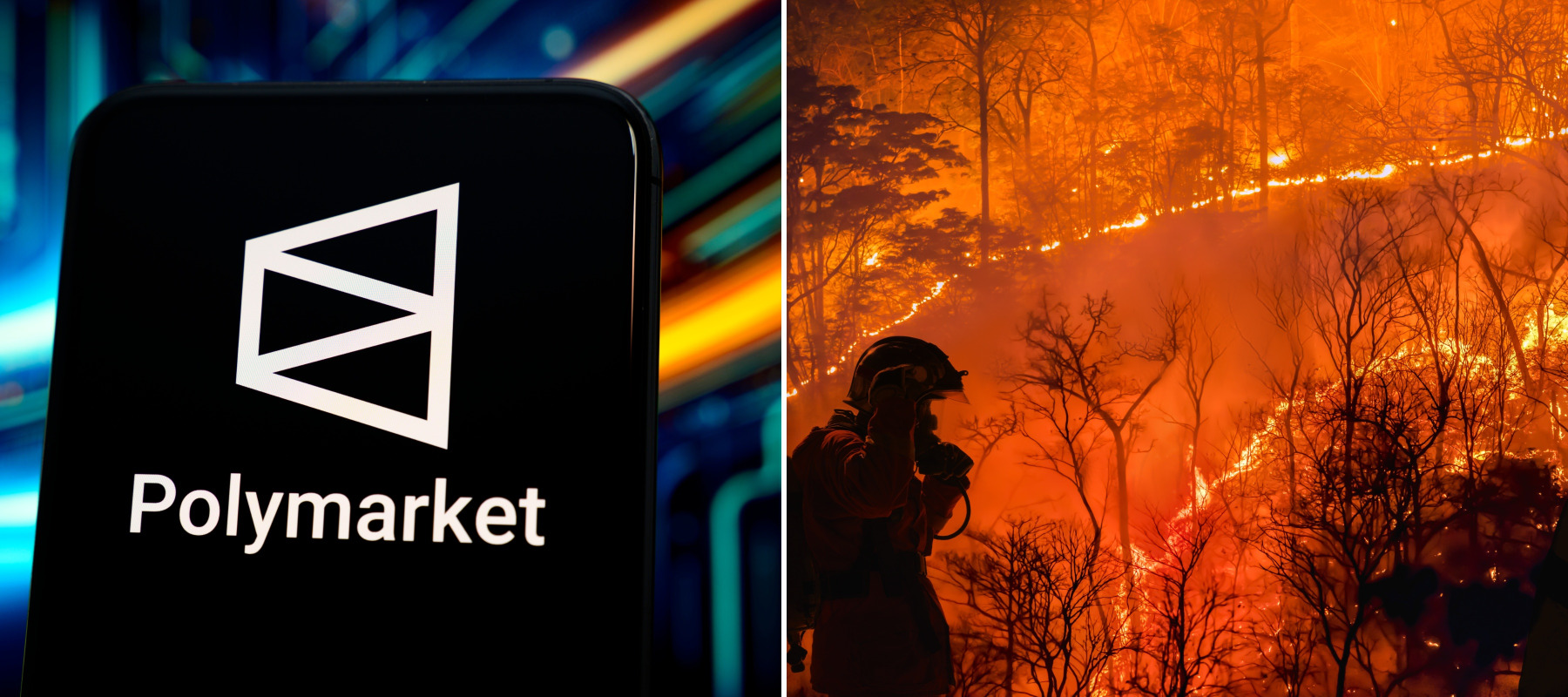 A split-panel photo of the Polymarket app and LA wildfires