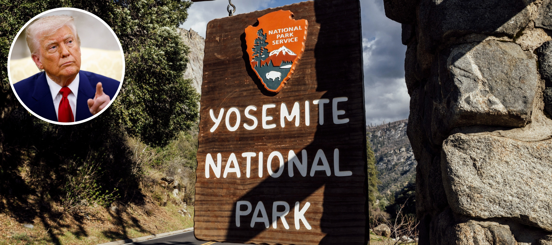 Overlay of the entrance to Yosemite National Park and President Donald Trump