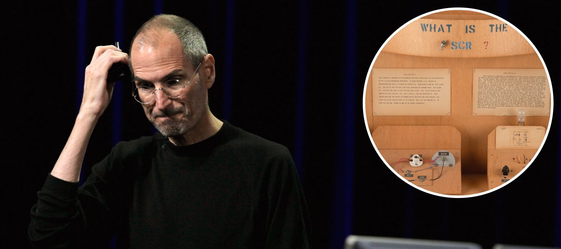 Photo of Steve Jobs looking down on stage, with bubble overlay showing homemade science fair project.