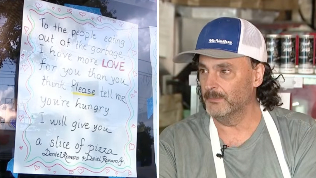 'Don't cry. Eat': Bronx pizzeria owner's sign for people eating out of his trash goes viral