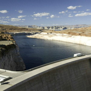 Glen Canyon Dam holds back the waters of Lake Powell near Page, Arizona.